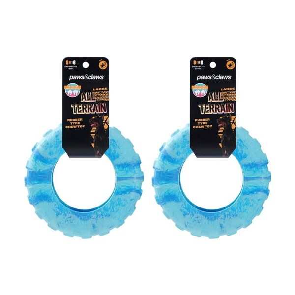 2x Paws And Claws All Terrain Rubber Tyre Dog Chew Toy Large Two-Tone 21x21x5.5cm