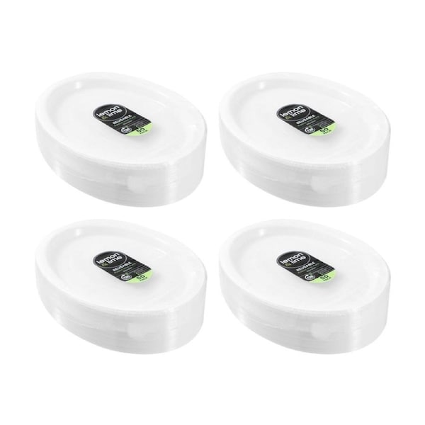4x 50pc Lemon And Lime Reusable Plastic Food Oval Plate Dinner Set White 31x24.5cm
