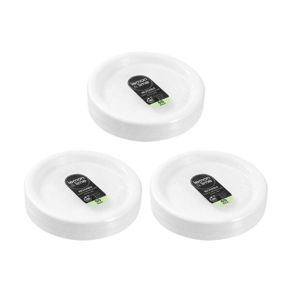 3x 50pc Lemon And Lime Reusable Plastic Food Dinner Plates Set White 25.5cm
