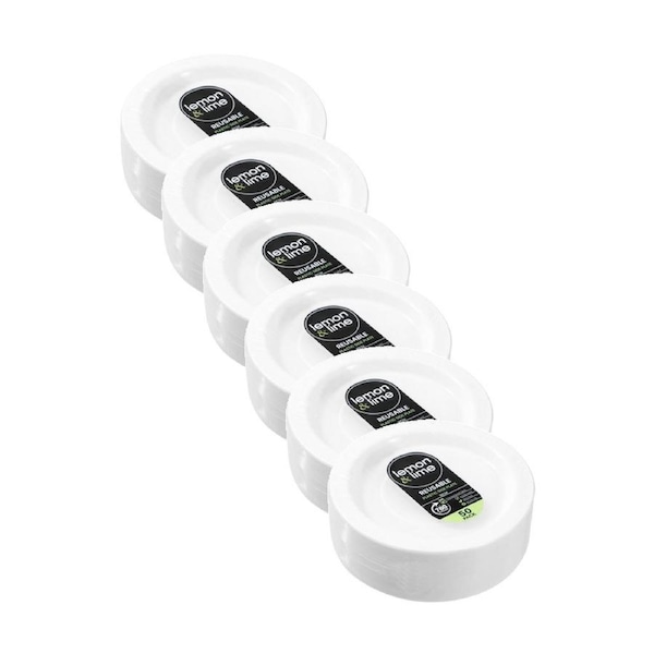 6x 50pc Lemon And Lime Reusable Plastic Food Side Plates Dinner Set White 18cm