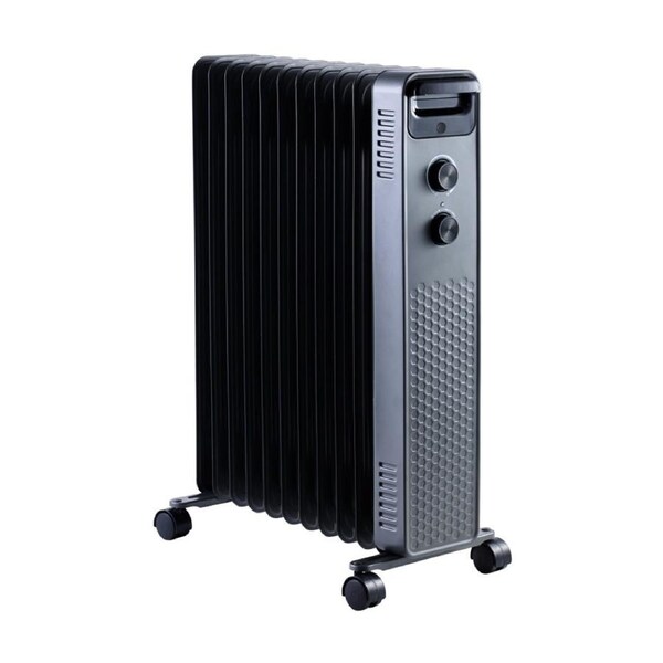 GOLDAIR 2400W 11 Fin Oil Column Heater 3 Heat Settings Adjustable Thermostat Safety Tilt Switch Overheat Protection Integrated Carry Handle Grey Metal