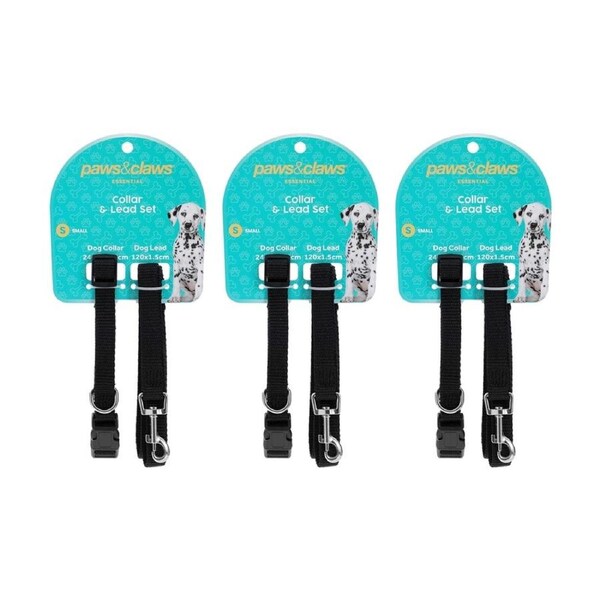 3x Paws And Claws Essentials Pet Dog Collar & Lead Set Small Assorted