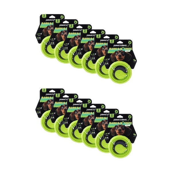 12x 2pc Paws And Claws Bark & Bounce Dog Ball/Ring Rubber Chew/Fetch Toy Set Asstd