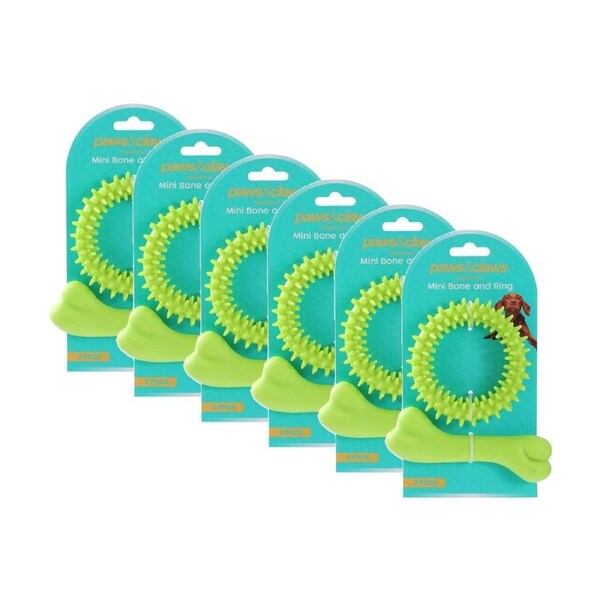 6x 2pc Paws And Claws Mini TPR Bone & Ring Pet Dog Chew/Fetch Toy Set Assorted