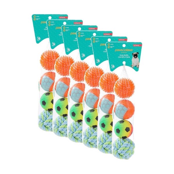 6x 4pc Paws And Claws Pet Dog Multi Ball Fetch/Catch Play Toy Set 6.5-7cm