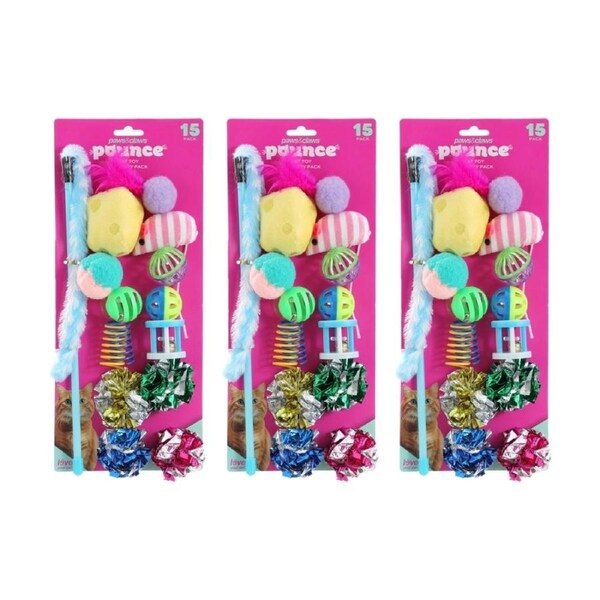 3x 15pc Paws And Claws Pet Cat Dangler/Batting/Pouncing Toy Play Set Multicoloured