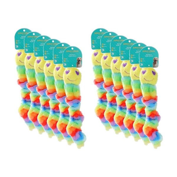 12x Paws And Claws Soft Stretchy Plush Worm Dog Chew/Cuddle/Tug Toy Rainbow