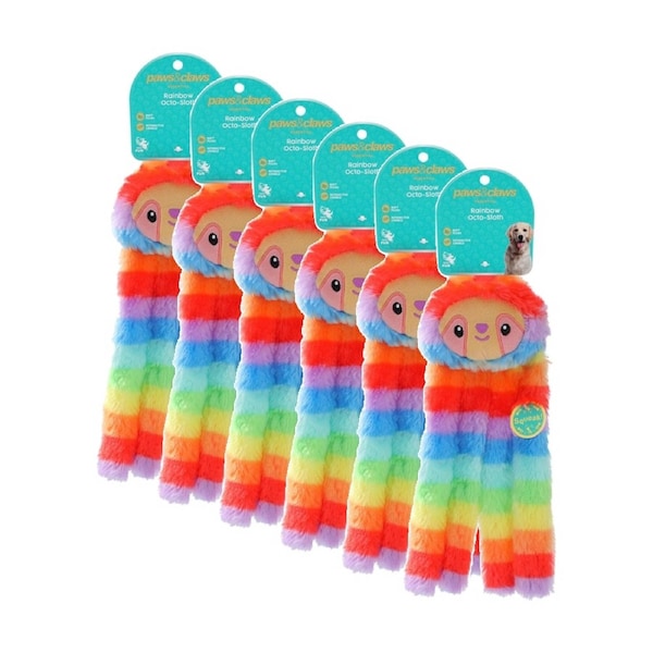 6x Paws And Claws Plush Crinkle Octo-Sloth Dog Chew/Cuddle/Tug Squeaker Toy Rainbow