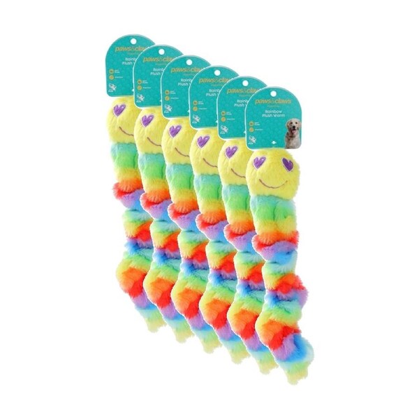 6x Paws And Claws Soft Stretchy Plush Worm Dog Chew/Cuddle/Tug Toy Rainbow