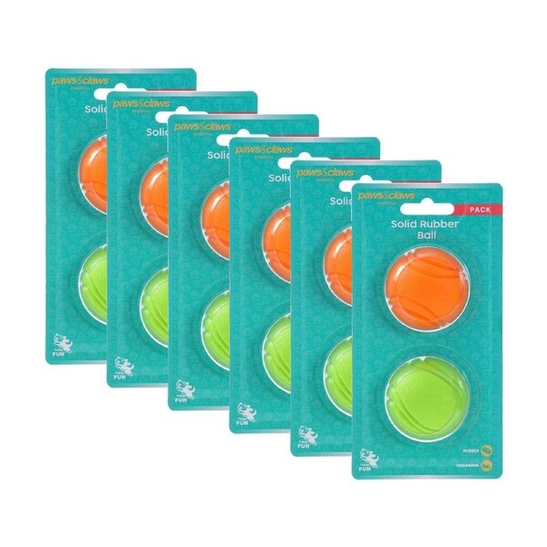6x 2pc Paws And Claws Solid Rubber Ball Pet Dog chase/Fetch Toy Set Assorted