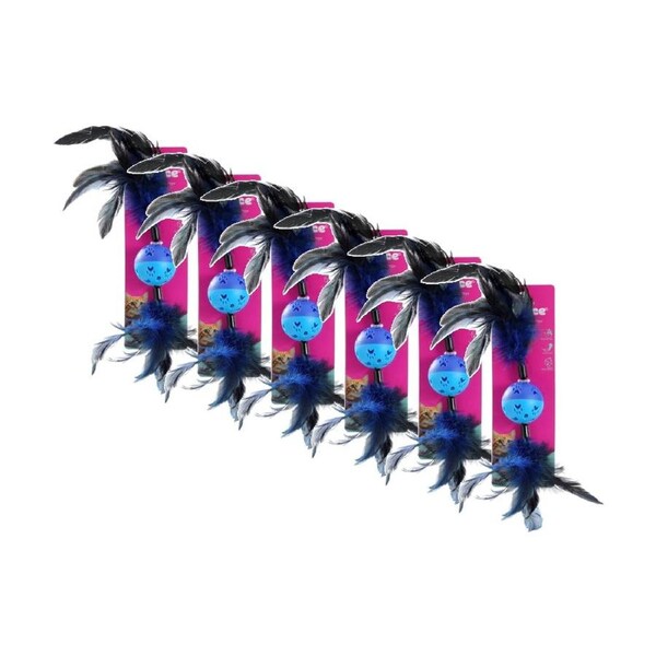 6x Paws And Claws Twin Feather Ball Cat Batting/Pouncing Toy 37x6cm Assorted