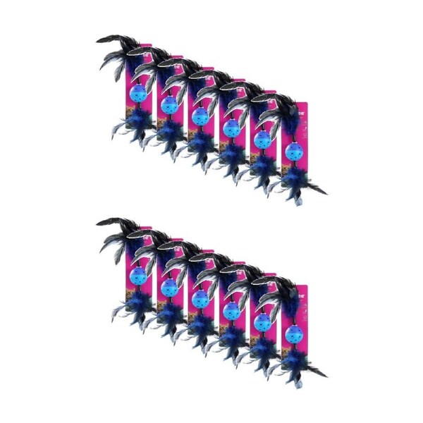 12x Paws And Claws Twin Feather Ball Cat Batting/Pouncing Toy 37x6cm Assorted