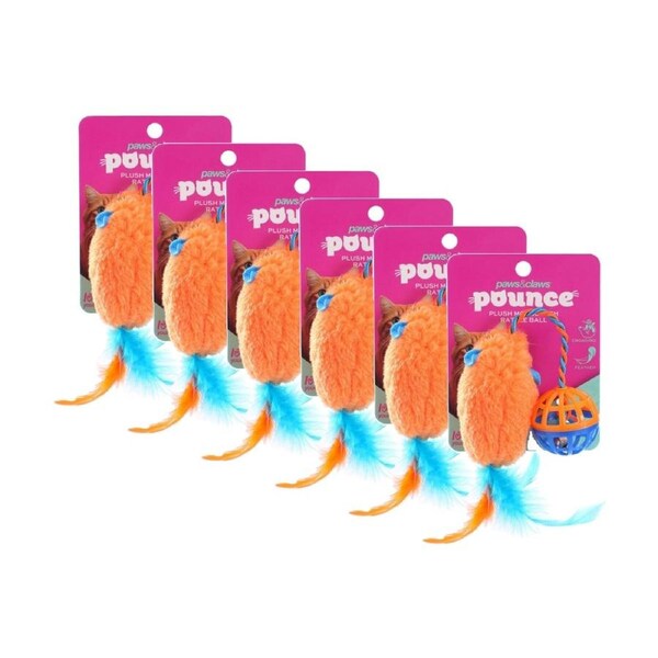6x Paws And Claws Plush Mouse Cat Batting/Pouncing Toy W/ Rattle Ball Assorted