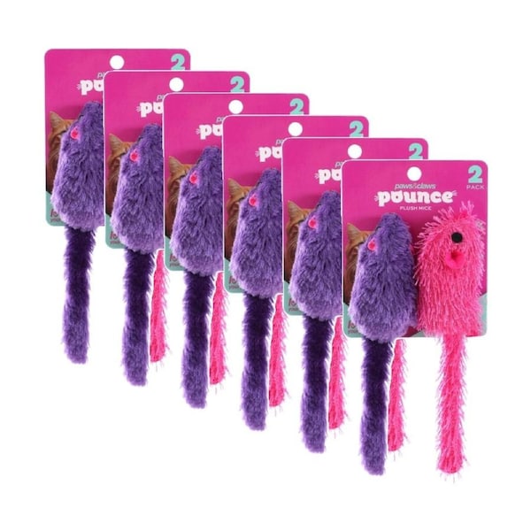 6x 2pc Paws And Claws Plush Mice Pet Cat Batting/Pouncing Toy Set Assorted