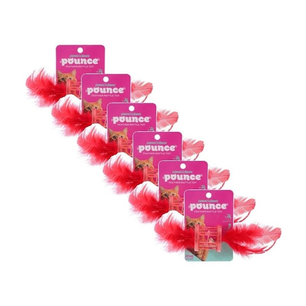 6x Paws And Claws Pounce Feather Rattle Pet Cat Batting/Pouncing Toy Assorted