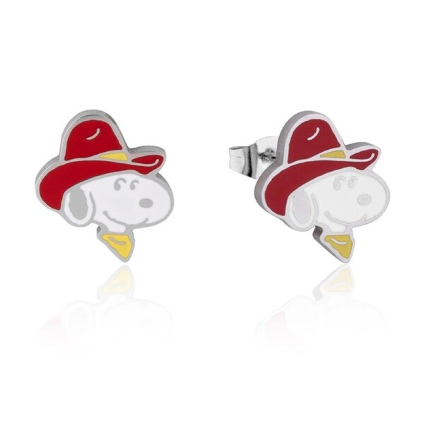 Peanuts Snoopy Cowboy Stud Earrings - Hypoallergenic Stainless Steel - 15mm - Silver Finish - Includes Earring Card