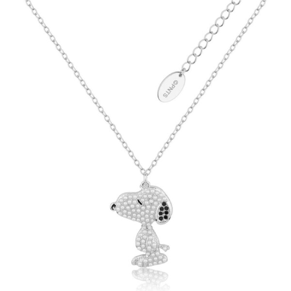 Peanuts Snoopy Mini Pearl Necklace 14k Gold Plated Brass 45cm Chain With 7cm Extension 30mm Pendant Silver Finish Includes Gift Box