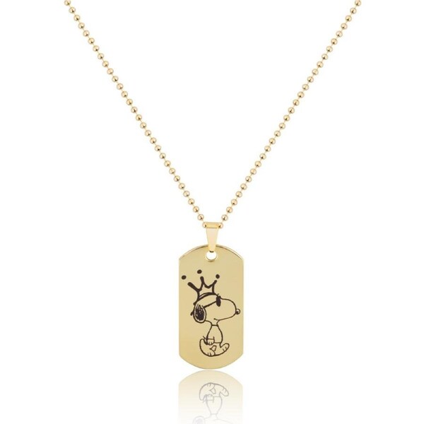Peanuts Joe Cool Dog Tag Necklace 14k Gold Plated Brass Gold Finish 60cm Chain 39mm Pendant Gift Box Included - Fashion Jewellery Accessory for All Ages 5 Years Plus.