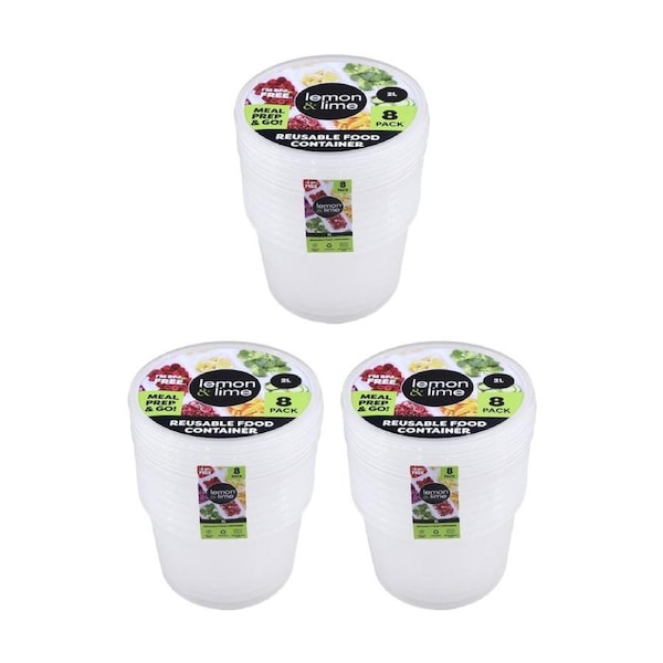 3x 8pc Lemon And Lime Reusable Round Plastic Food Container Set 2L Capacity
