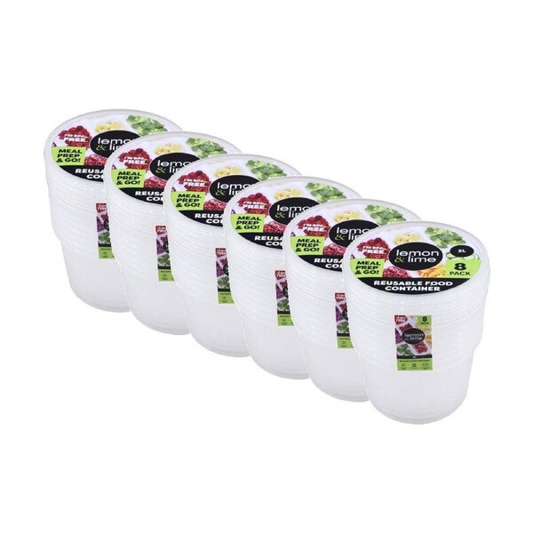 6x 8pc Lemon And Lime Reusable Round Plastic Food Container Set 2L Capacity