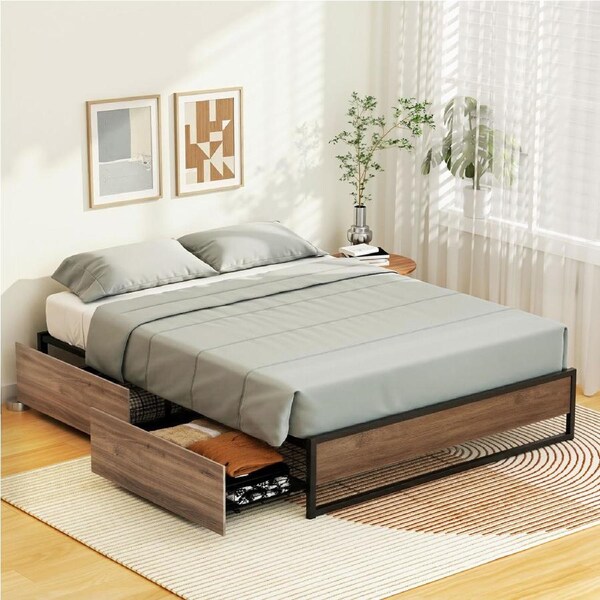 Artiss Bed Frame Metal Frame Double Size Bed Base 2 Drawers OSLO