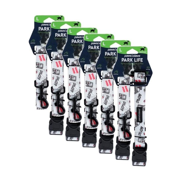 6x Paws And Claws Park Life Dog Collar & Lead Set Large 45-65cm 120x2.5cm Assorted