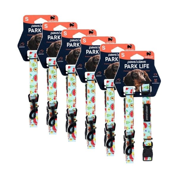 6x Paws And Claws Park Life Dog Collar & Lead Set Small 30-45cm 120x1.5cm Assorted