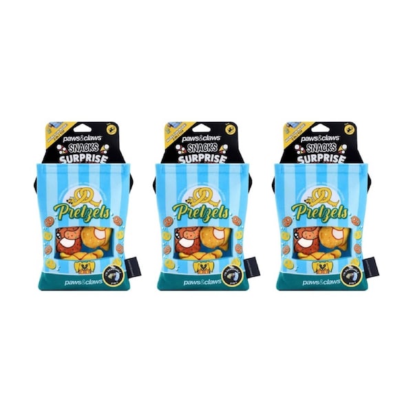 3x Paws And Claws Snack Surprise Pretzels Pet Dog Chew Squeaker Toy 20x14.5x5cm