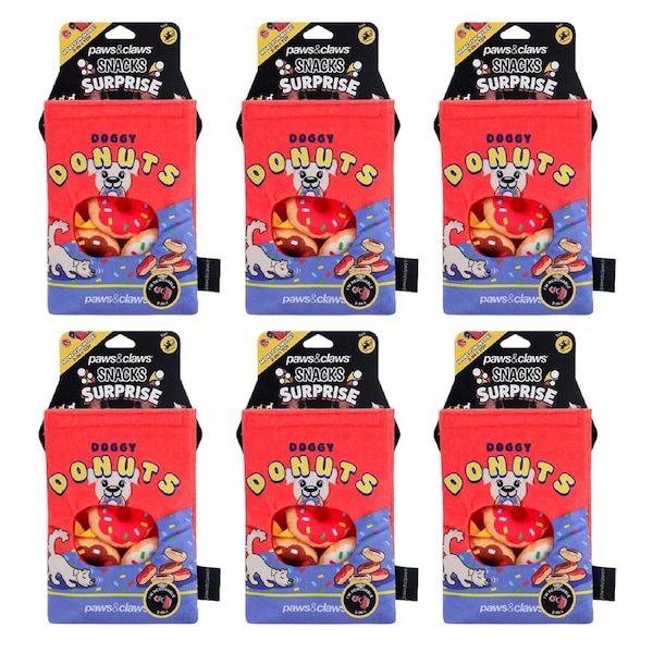 6x Paws And Claws Snack Surprise Doggy Donuts Dog Chew Squeaker Toy 20x14.5x5cm