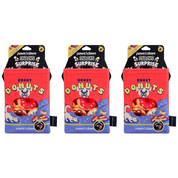 3x Paws And Claws Snack Surprise Doggy Donuts Dog Chew Squeaker Toy 20x14.5x5cm
