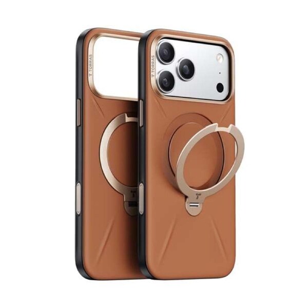 Torras Ostand Spin Fusion Vegan Leather MagSafe Case for iPhone 17 Pro Max - Elegant Brown