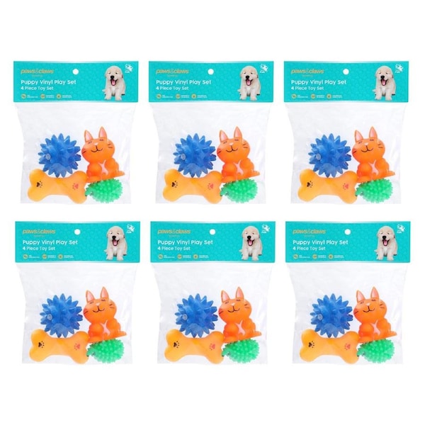 6x 4pc Paws And Claws Vinyl Play Puppy/Dog Chew/Squeaker Toy Set Multicoloured