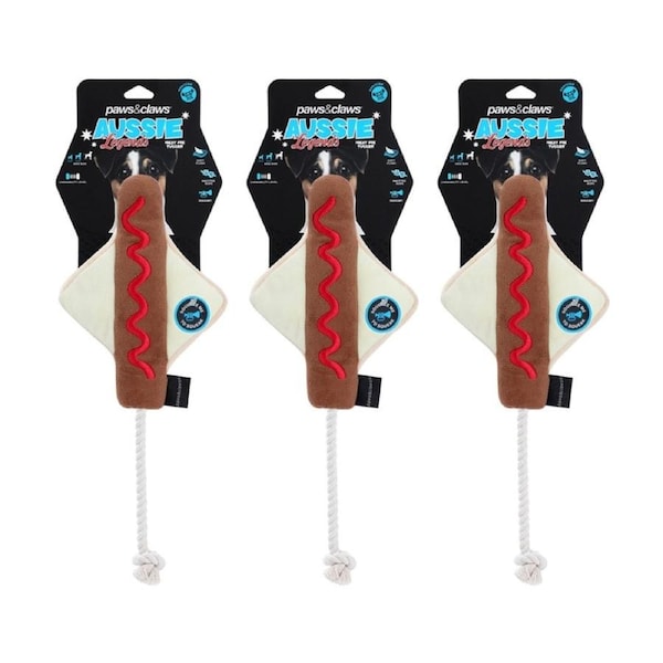 3x Paws And Claws Aussie Legends Plush Sausage Sizzle Dog Chew/Tug Toy 43x16x5cm