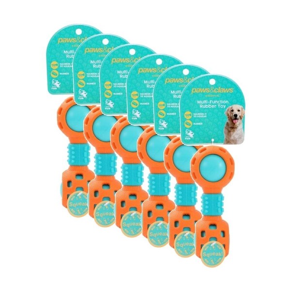 6x Paws And Claws Multi-Function Dumbell Pet Dog Chew Toy W/ Squeaky Ball Assorted