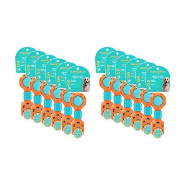 12x Paws And Claws Multi-Function Dumbell Pet Dog Chew Toy W/ Squeaky Ball Assorted