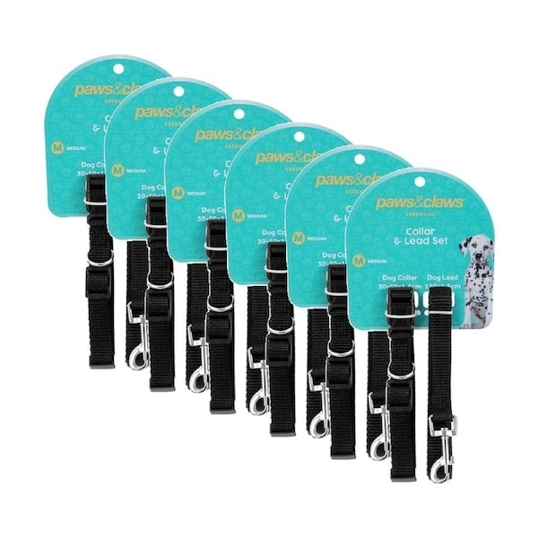 6x Paws And Claws Essentials Dog Collar & Lead Set Medium 30-50cm 120x1.5cm Asstd