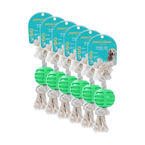 6x Paws And Claws TPR Ball & Rope Dog Pet Chew Toy 22x6x1.5cm Assorted