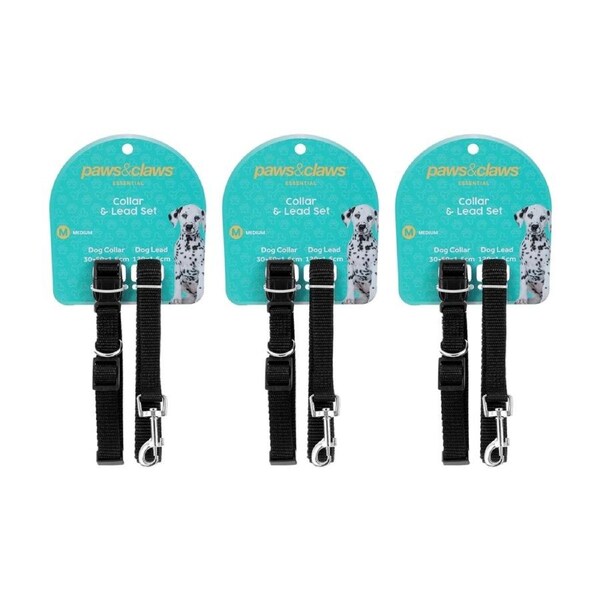 3x Paws And Claws Essentials Dog Collar & Lead Set Medium 30-50cm 120x1.5cm Asstd