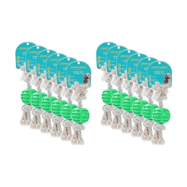 12x Paws And Claws TPR Ball & Rope Dog Pet Chew Toy 22x6x1.5cm Assorted