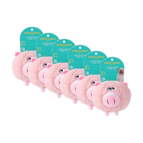6x Paws And Claws Plush Round Animal Squeaky Dog Pet Toy 18x18x18cm Assorted