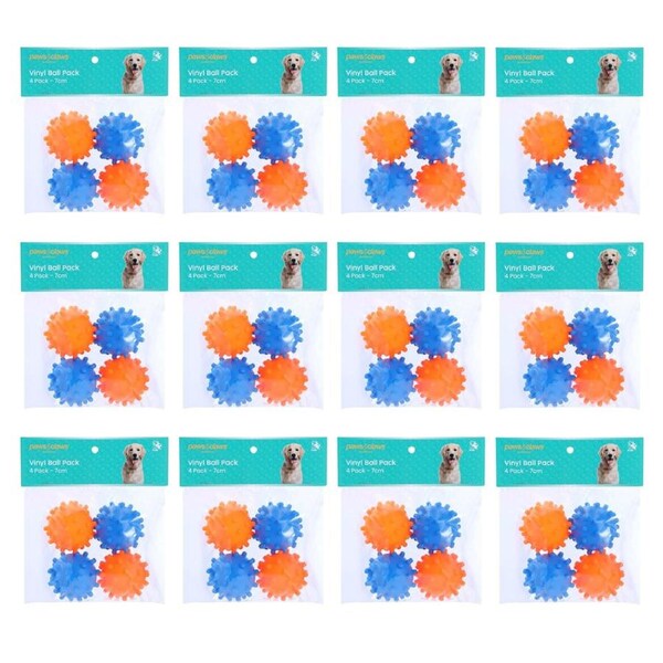 12x 4pc Paws And Claws Vinyl Ball Dog Pet Play Fetch Toy Set 7cm Assorted
