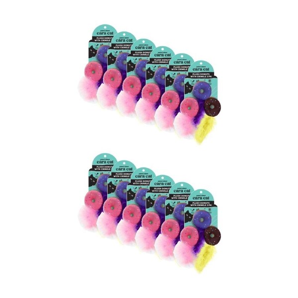 12x 3pc Paws And Claws Cara Cat Plush Donuts Crinkle Play Toy Set 6x12cm