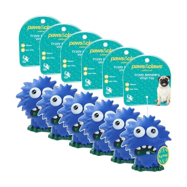 6x Paws And Claws Vinyl Crazy Monster Squeaky Dog Pet Toy 9.5x8.5cm Assorted
