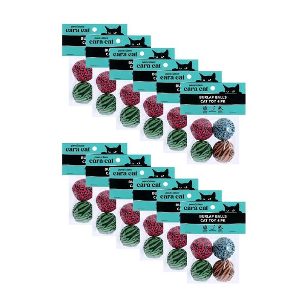 12x 4pc Paws And Claws Cara Cat Burlap Balls 4cm Rattle Toy Set Multicoloured