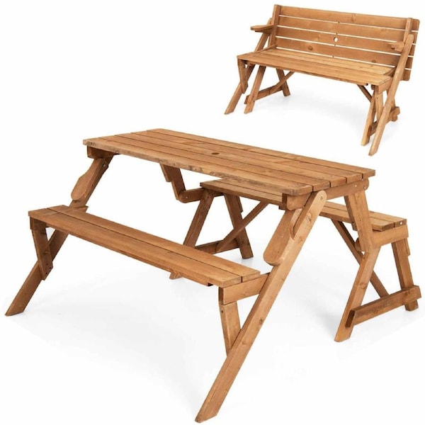 Costway 2in1 Convertible Wood Picnic Table/Garden Bench Outdoor Dining Set DIY w/Umbrella Hole Patio Dark Golden Brown