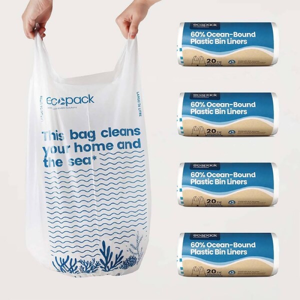 36L Recycled Ocean-Bound Plastic Bin Liners with Tie Handles (Roll of 20 ) Set of 4 rolls (80 bags)
