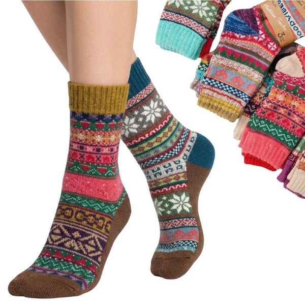 6x Womens Norwegian Wool Blend Warm Winter Crew Socks (EU 36-41) - Assorted Colours