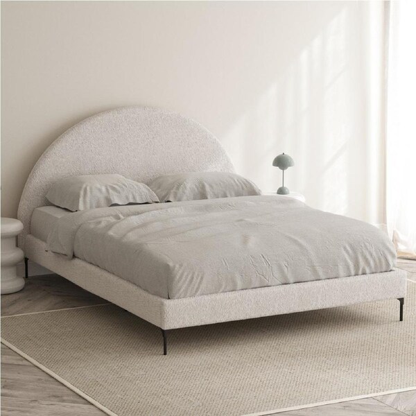 Ivory White Boucle Arch Upholstered Bed Frame in King, Queen and Double Size Queen / Ivory White