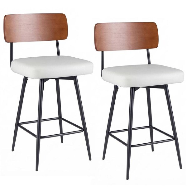 Giantex Set of 2 Padded Counter Barstools w/360° Swivel Wooden Backrest & Metal Legs Upholstered High-Top Chairs w/Footrest for Kitchen Island Dining Room