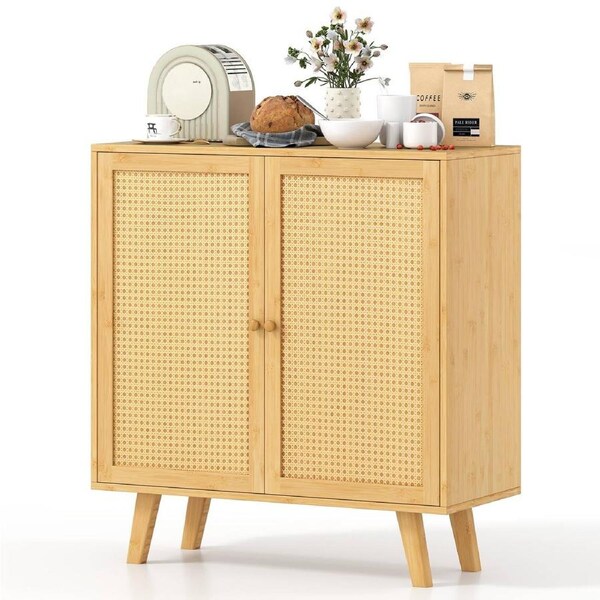 Giantex Bamboo Buffet Cabinet w/PE Rattan Doors Boho 2-Door Freestanding Sideboard Kitchen Cupboard & Coffee Bar Accent Storage Cabinet